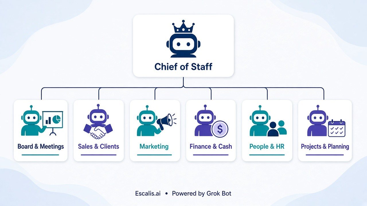 Org chart: a Chief of Staff bot leading six agents: Board & Meetings, Sales & Clients, Marketing, Finance & Cash, People & HR, Projects & Planning