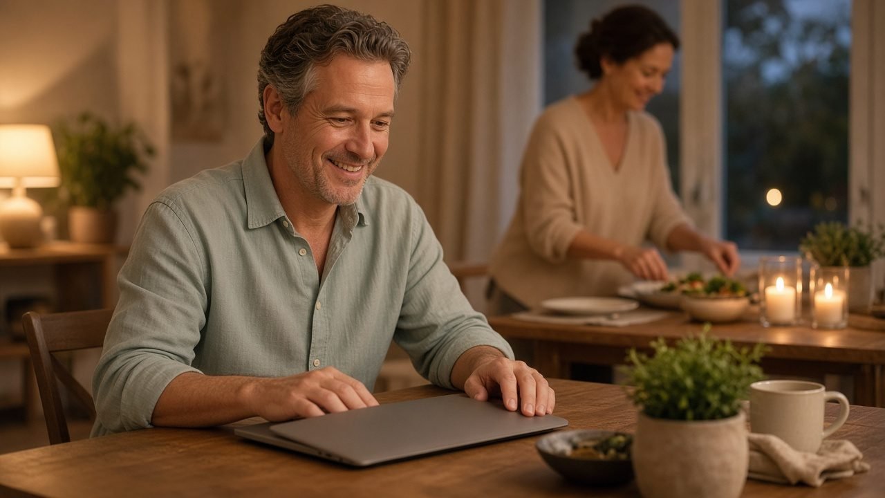 A relaxed business leader closing a laptop in the early evening at home, with dinner waiting in the background